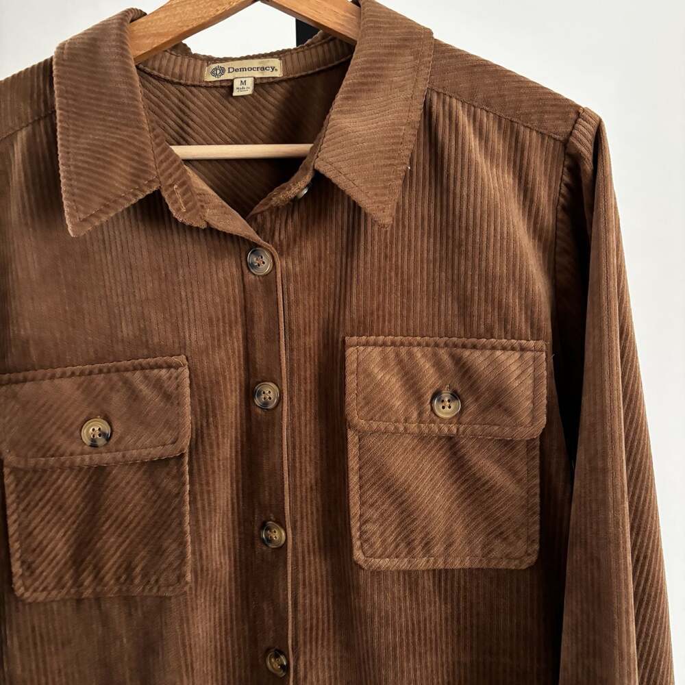 Democracy Women's Brown Corduroy Long Sleeve Button Up Shirt Shacket Size M